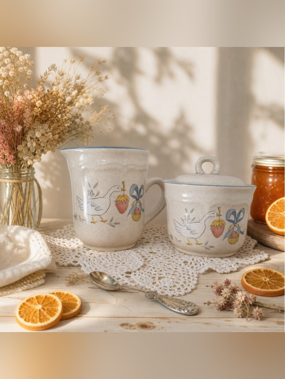 💙 Vintage Marmalade Goose Blue Ribbon Creamer & Sugar Set